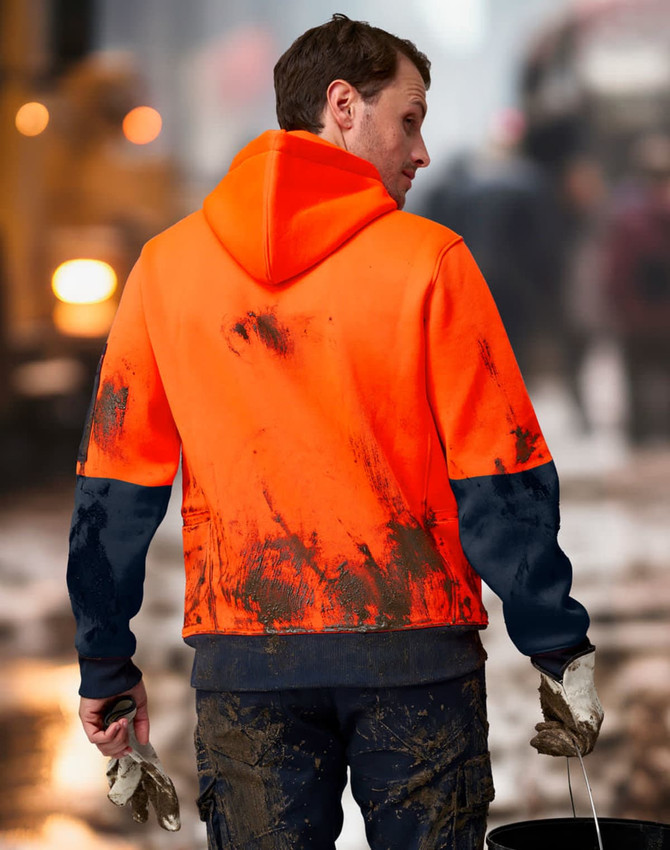 A vibrant orange and navy two-tone water-resistant fleece hoodie with a hood, showing a worn, dirty appearance.