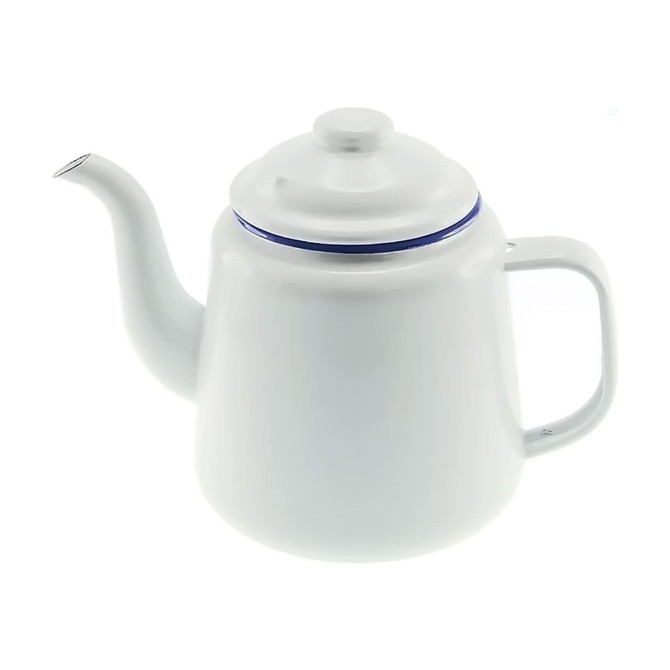A white enamel teapot with a blue rim, featuring a spout and a lid. It has a sturdy handle and a simple design.