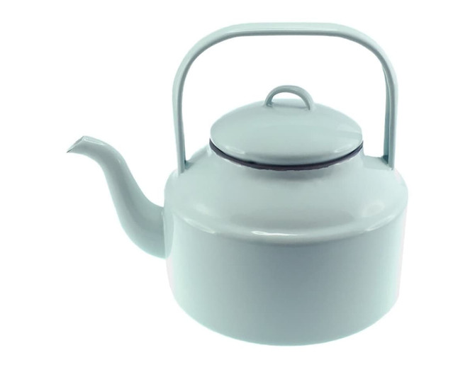 A light blue enamel tea kettle with a lid and handle, featuring a spout and a simple design.