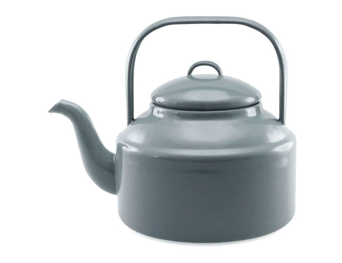 A grey enamel tea kettle with a round body, a lid, and a handle for pouring. It features a spout and has a logo.