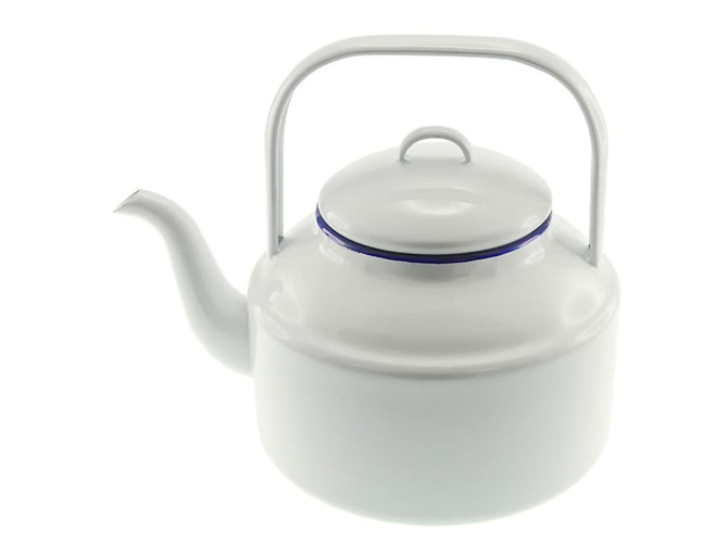 A white enamel tea kettle with a purple band, featuring a curved handle and a spout. Branding visible on the kettle.