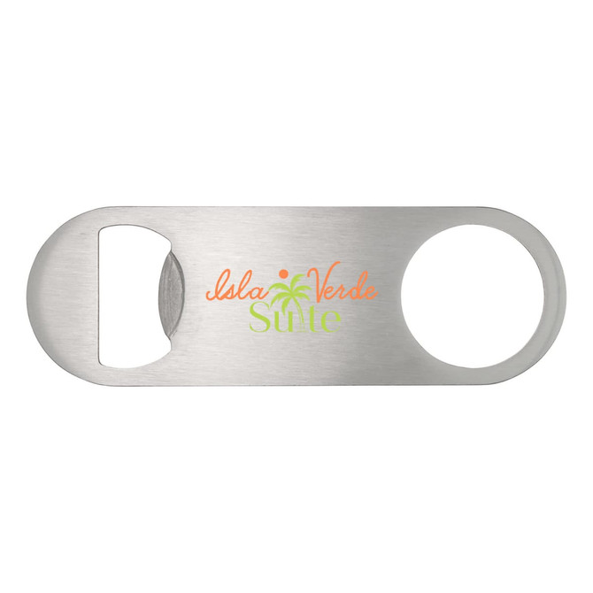 A silver bottle opener with a circular cutout and a logo featuring green and orange text.