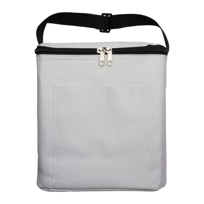 A grey insulated cooler bag with a zip closure and a black adjustable strap. It features a front pocket.