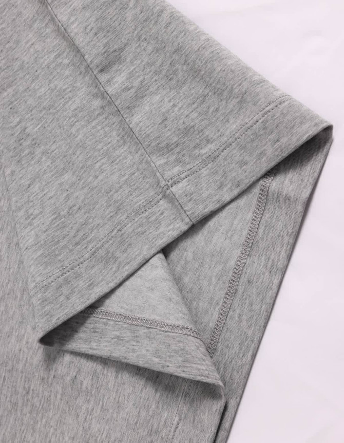 A grey men's premium cotton t-shirt featuring a close-up of the sleeve and stitching details.