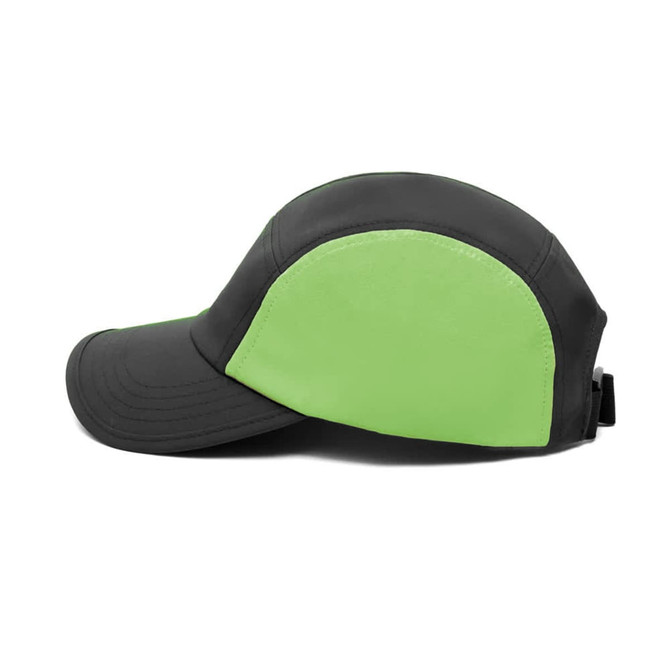 A black and lime green 6-panel cap with a curved brim and a logo on the side.