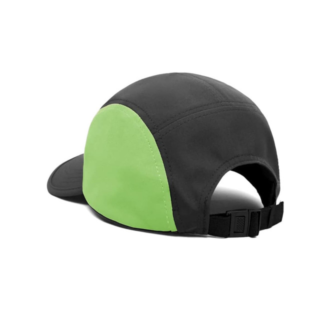 A 6-panel cap featuring a black body with a vibrant green side and an adjustable strap at the back.