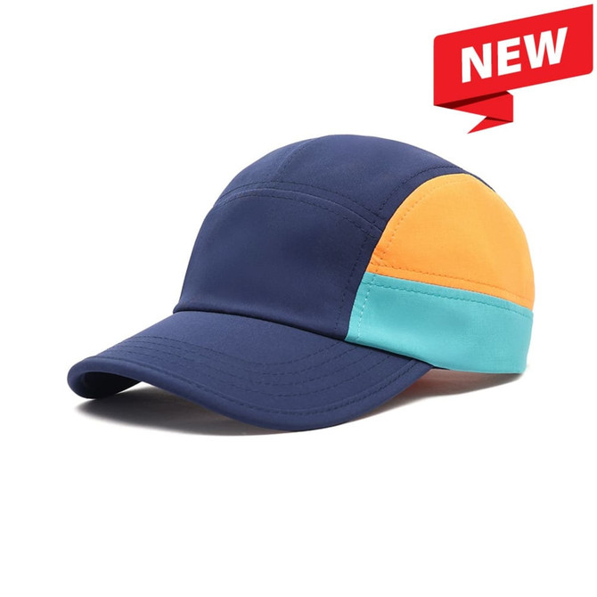 A blue, orange, and teal 8-panel cap with a curved peak and a logo.