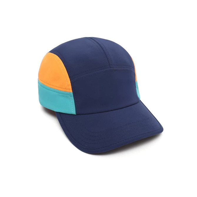 An 8-panel cap featuring navy blue, orange, and turquoise sections, with a logo on the front.