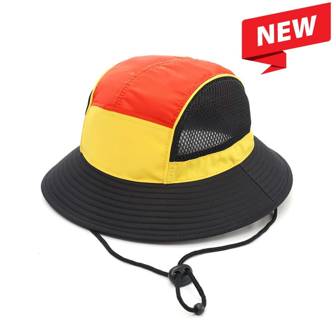 A panelled bucket hat in red, yellow, and black with a chin rope and mesh sections. It features a logo.