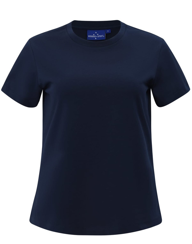 A navy blue short-sleeve tee shirt for women, featuring a simple design and a logo.
