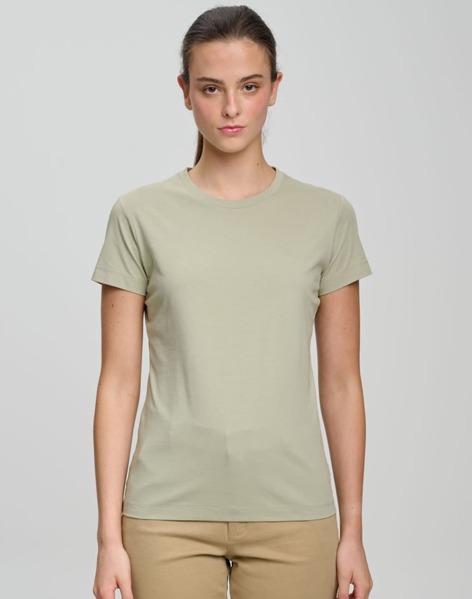 A light olive green ladies' premium cotton short sleeve t-shirt with a rounded neckline and fitted design.