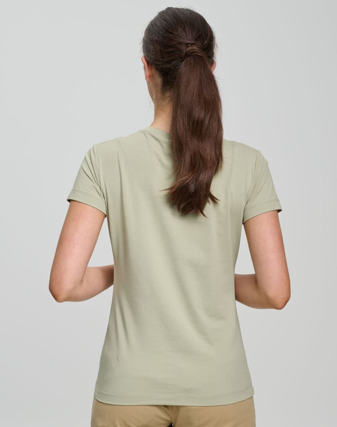 A light green ladies' premium cotton short sleeve tee shirt with a simple design and a logo on the back.