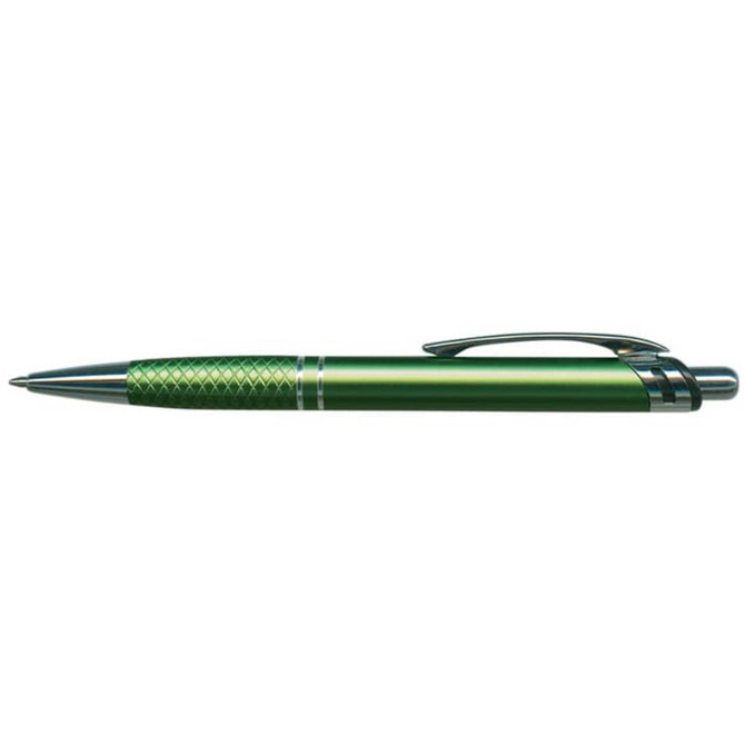 A metal pen in vibrant green with a textured grip and a silver clip, featuring a logo.