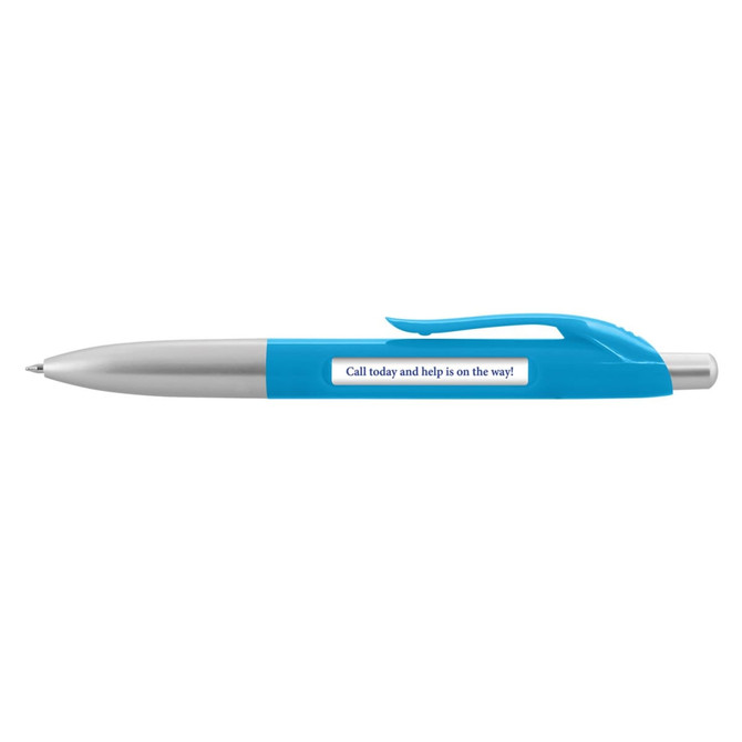 A Spin Message Pen in blue and silver, featuring a message that reads "Call today and help is on the way!"