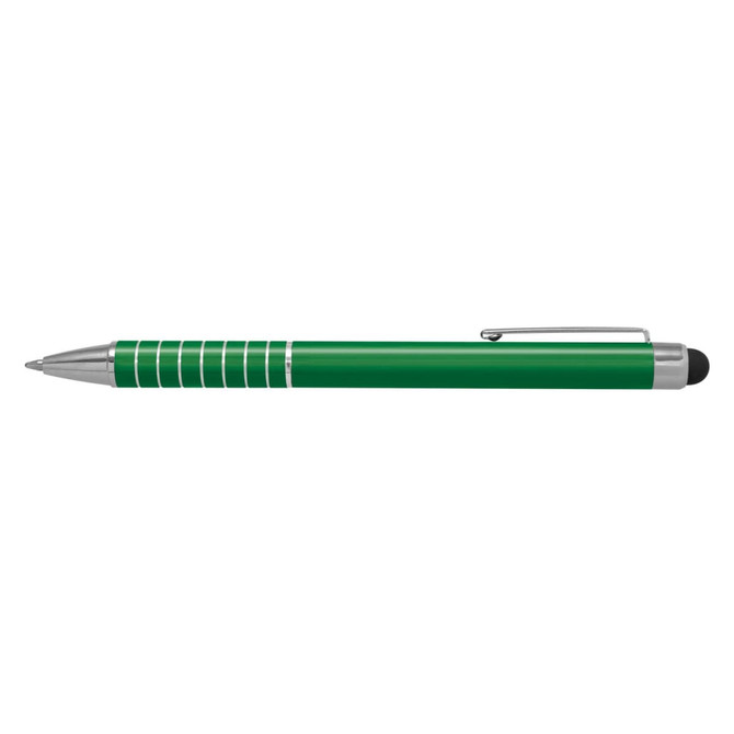 A green stylus pen with silver accents and a rubber tip for touchscreens, featuring a branding logo.