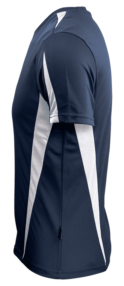 A navy blue men's t-shirt featuring white side stripes and a logo. The shirt has a crew neck and short sleeves.