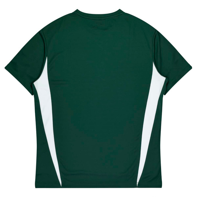 A green t-shirt with white side panels and a logo on the back.