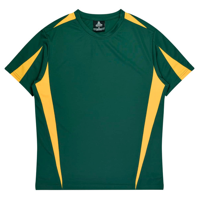 A green and yellow men's T-shirt with short sleeves and a logo on the label.