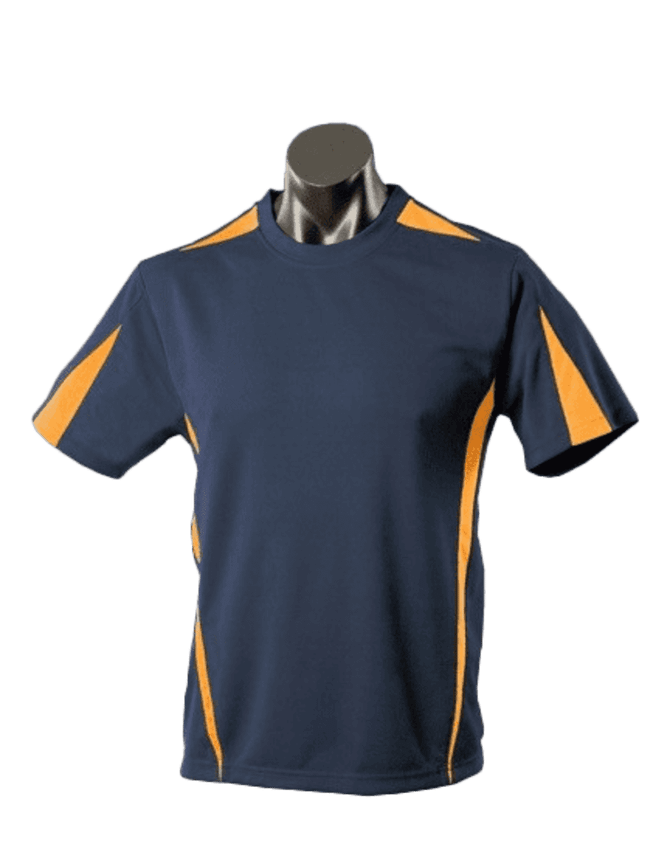 A navy blue t-shirt featuring orange accents, displayed on a mannequin. Includes a logo on the shirt.