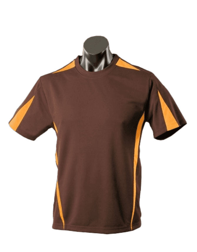 A brown T-shirt with orange accents, designed for men, displayed on a mannequin. It features a logo on the chest.