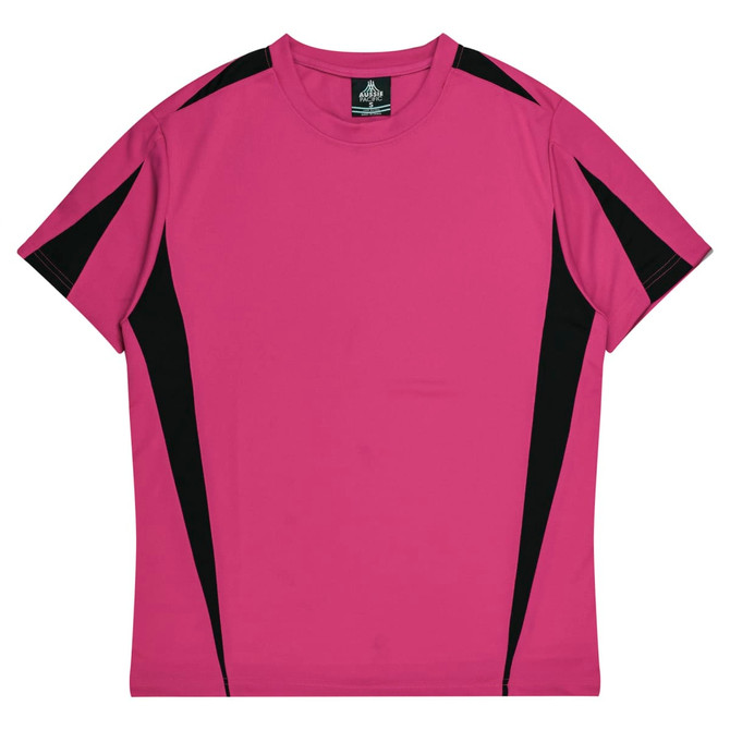 A pink T-shirt with black side panels and a logo on the neckline. Ideal for casual wear or activities.