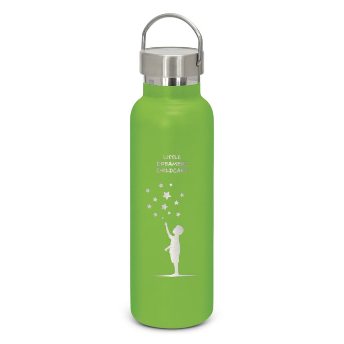 A drink bottle in bright green with a stainless steel cap and an engraved design featuring a child and stars.