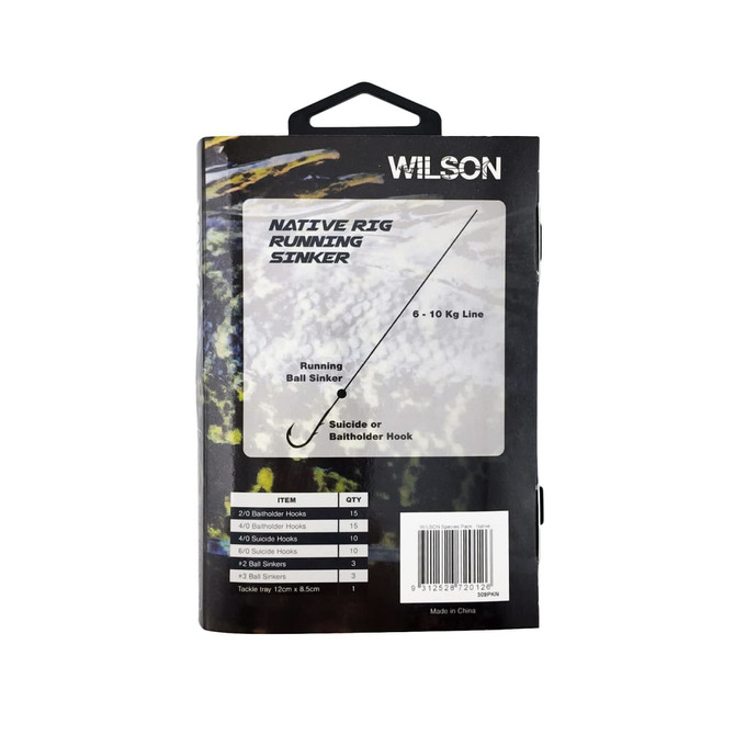 A fishing tackle kit featuring various sinkers and hooks in a black and yellow packaging with a logo.
