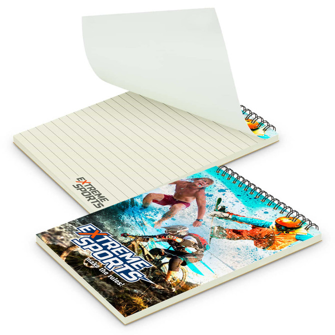 A medium-sized, full-colour notepad with a spiral binding and a cover featuring an extreme sports design.