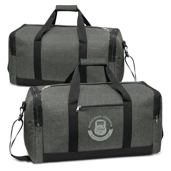A green duffle bag featuring a logo, with black straps and zippers, designed for various uses.