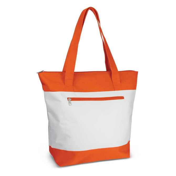 A tote bag with an orange bottom and straps, featuring a white body and a front zip pocket.