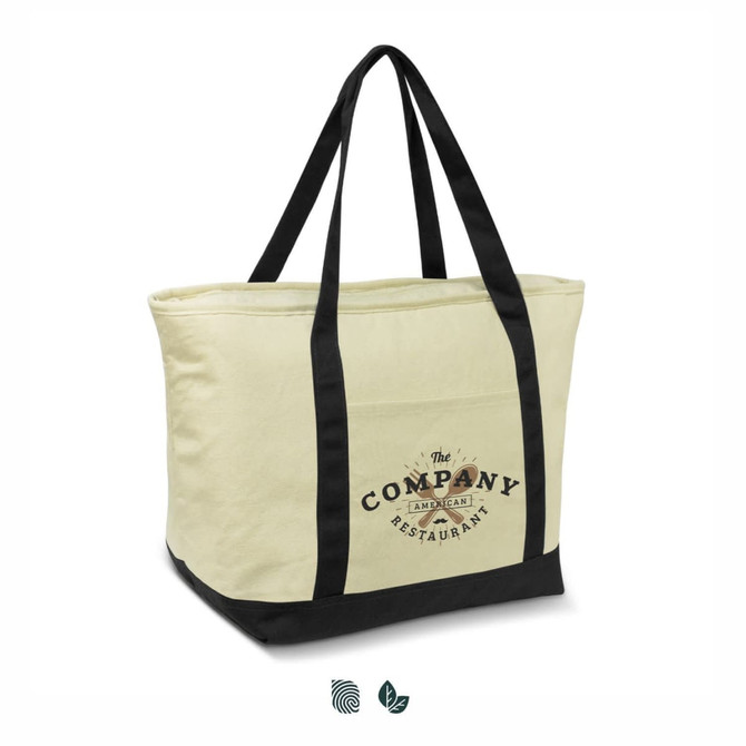A large cream cooler bag with black straps and a logo on the front.