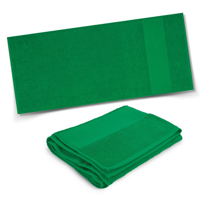 A green terry towel displayed flat and folded, featuring a textured section and a plain band, with a logo present.