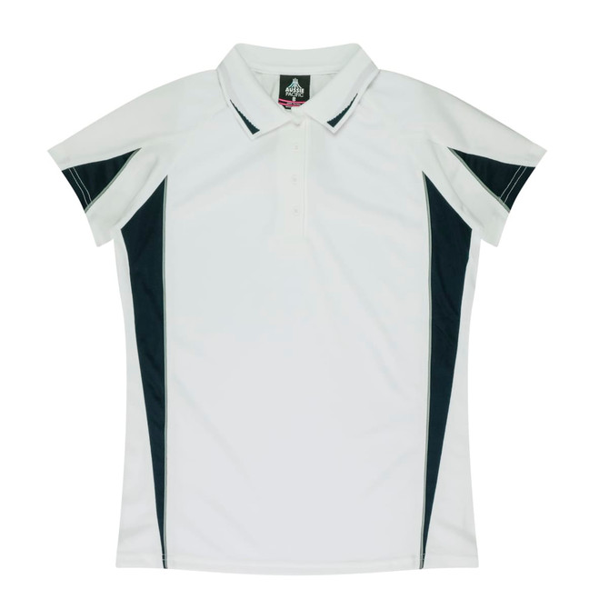 A white polo shirt with dark navy blue accents and a logo on the chest. Short-sleeved design.