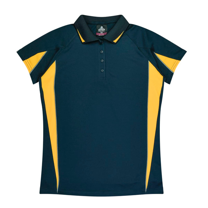A green polo shirt with yellow side accents, featuring a collar and button placket. It has a logo on the chest.