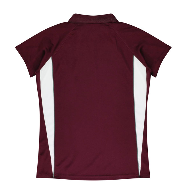 A maroon polo shirt with white side panels and a collar, featuring branding on the back.