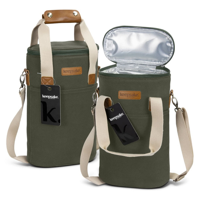 A wine cooler bag in green with a shoulder strap and a leather handle, featuring a removable lid and logo.