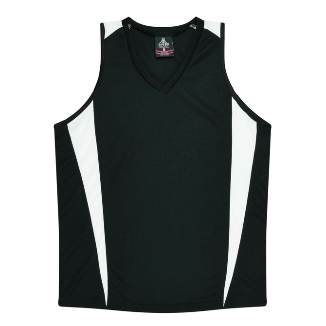 A black singlet with white accents and a v-neck design. It features a logo on the front.
