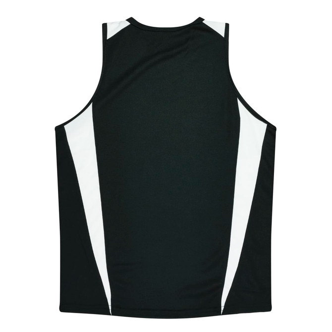 A black singlet with white panels on the sides and a logo on the back.