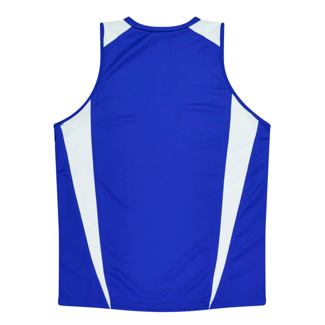 A blue singlet with white accents and a logo on the back. Suitable for sports activities.