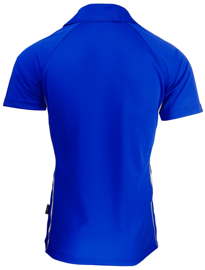 A blue polo shirt featuring a collar and contrasting side stripes, with a logo present on the fabric.