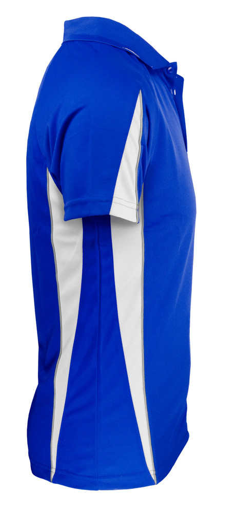 A blue polo shirt with white side panels and a collar, featuring a logo.