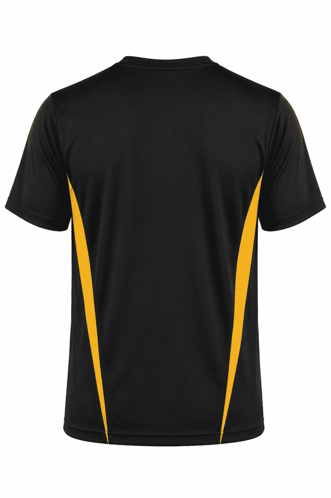 A black T-shirt featuring yellow side accents and a logo on the back.