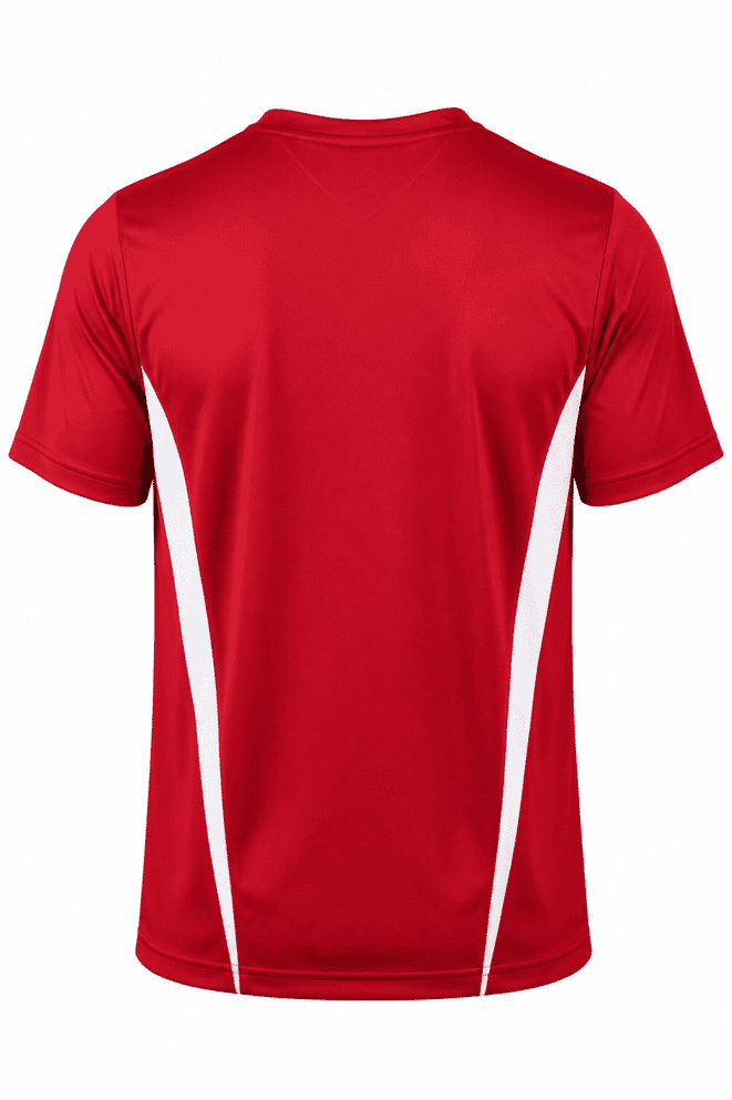 A red men's t-shirt featuring white side panels and a logo on the back.