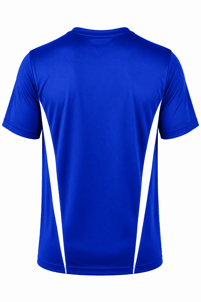 A blue men's t-shirt featuring white side accents, with a plain back design and a logo.