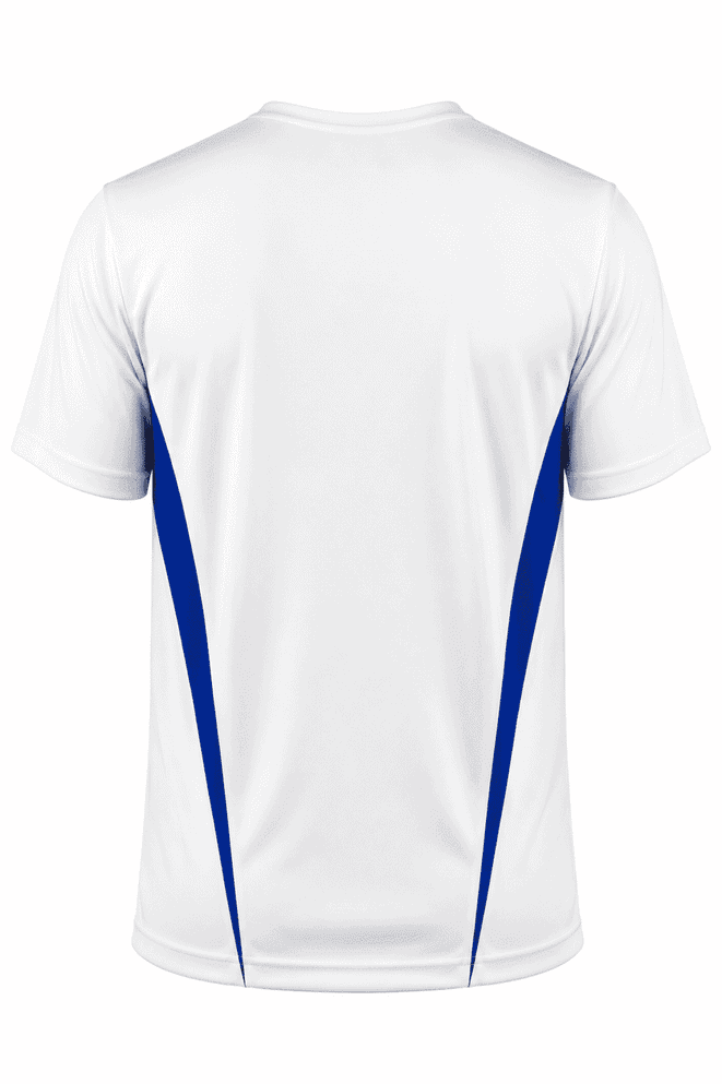 A white t-shirt with blue side stripes and a logo on the back.