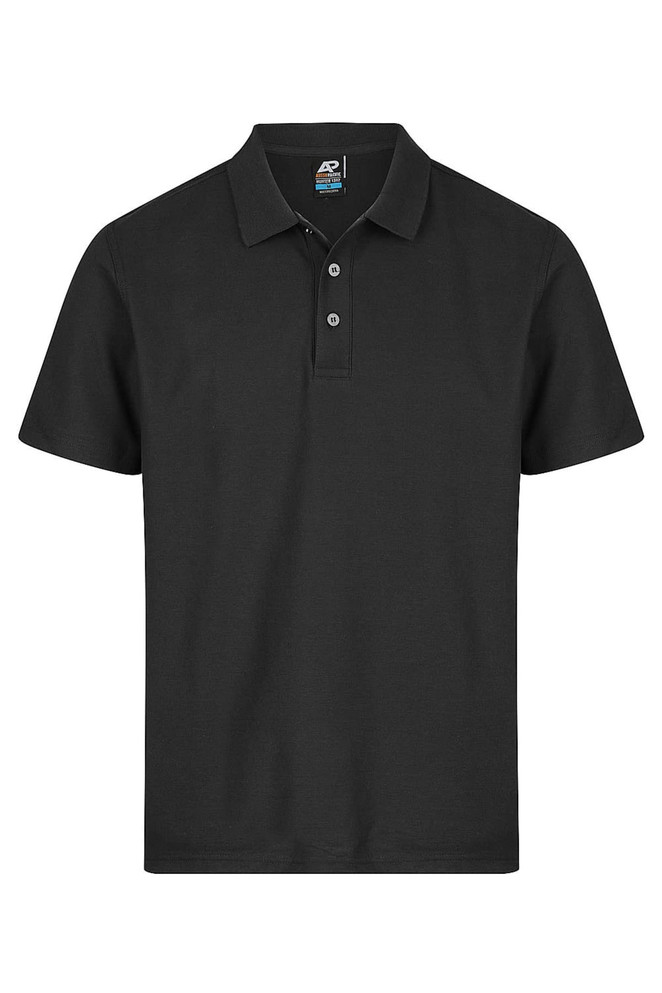 A black polo shirt with a collar and three-button placket, featuring a logo on the left chest area.