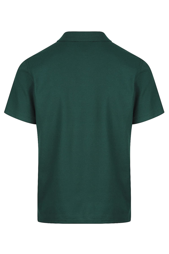 A green polo shirt with a classic collar and short sleeves, featuring a branding logo.