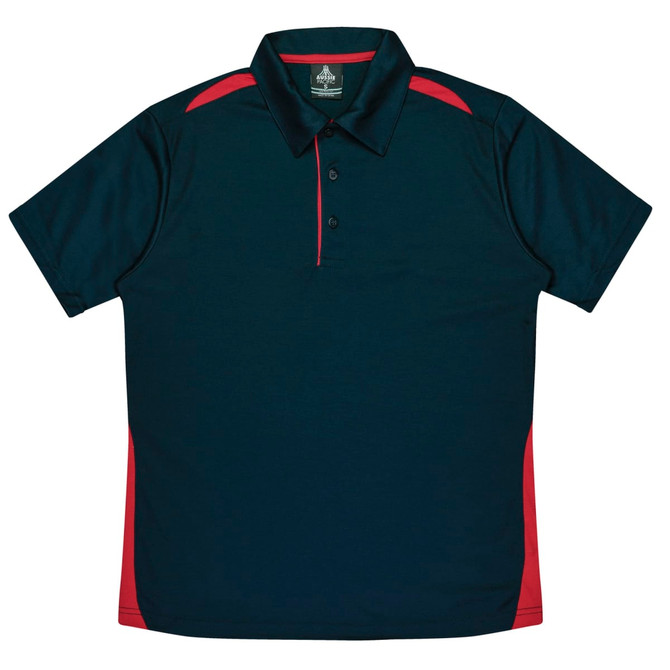 A polo shirt featuring a navy body with red accents and a collar, designed for men's fashion.