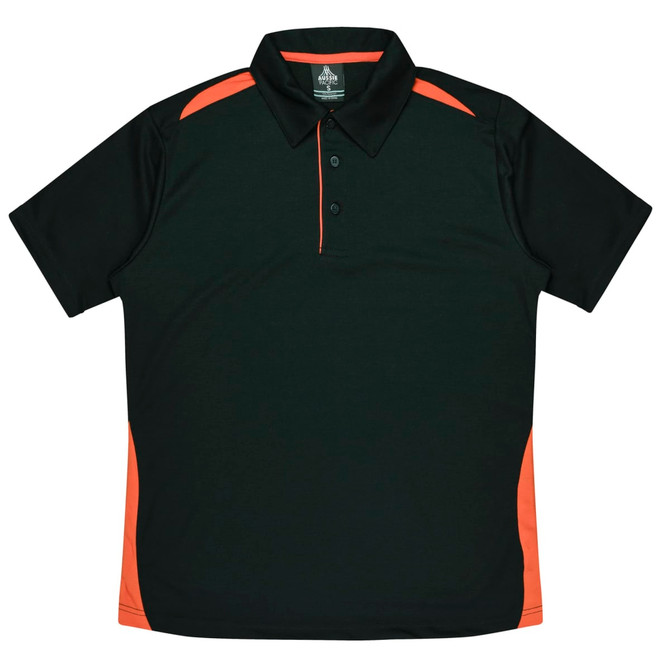 A dark green polo shirt with orange accents and a collar, featuring a logo on the chest.