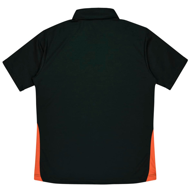 A dark green polo shirt with orange side panels and a collar. Features a logo on the chest area.